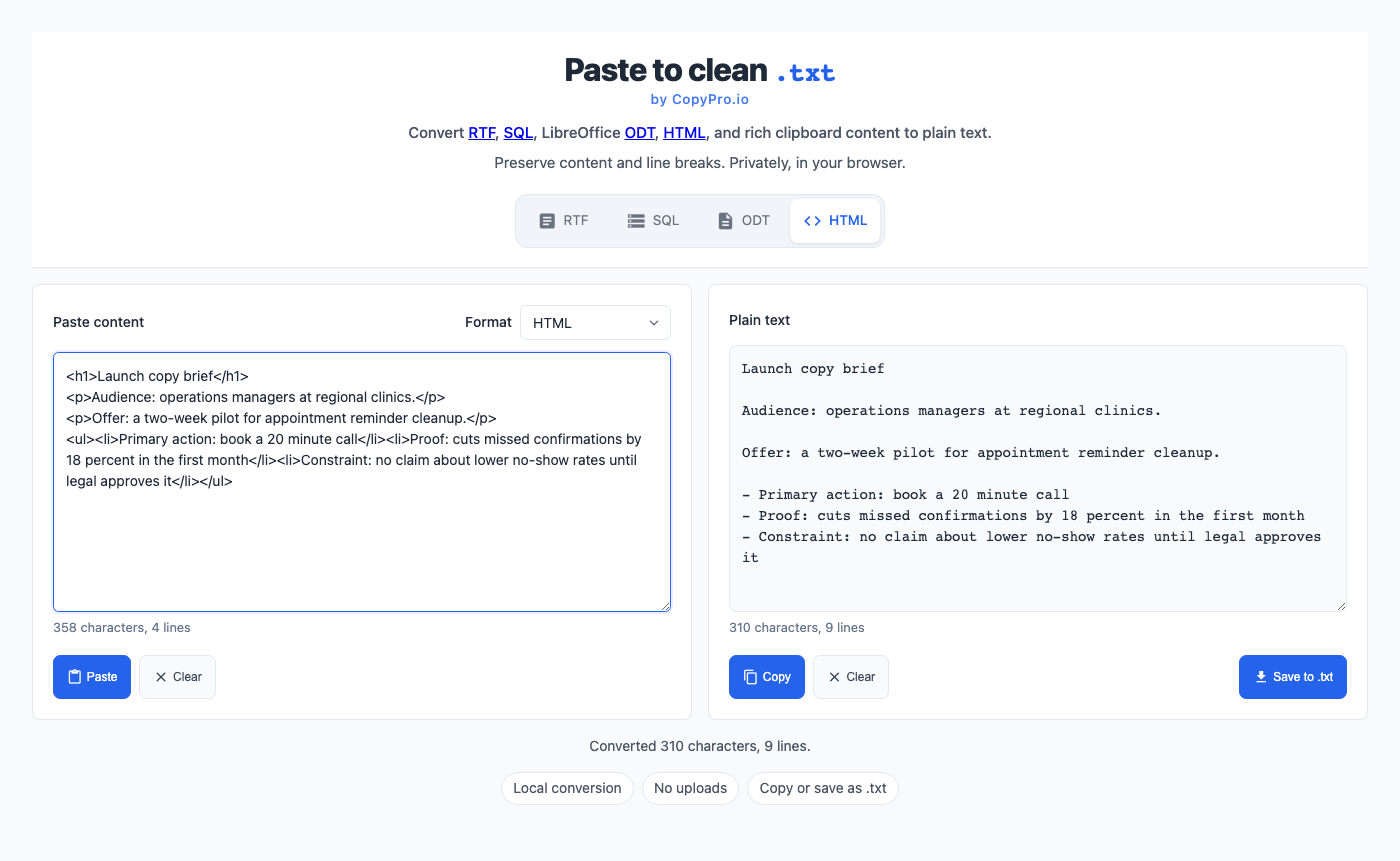 CopyPro converter showing pasted copywriting brief notes and clean plain text output