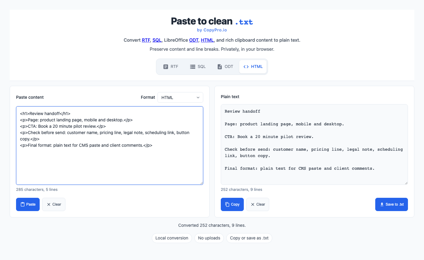 CopyPro converter showing clean review notes ready to copy or save as TXT
